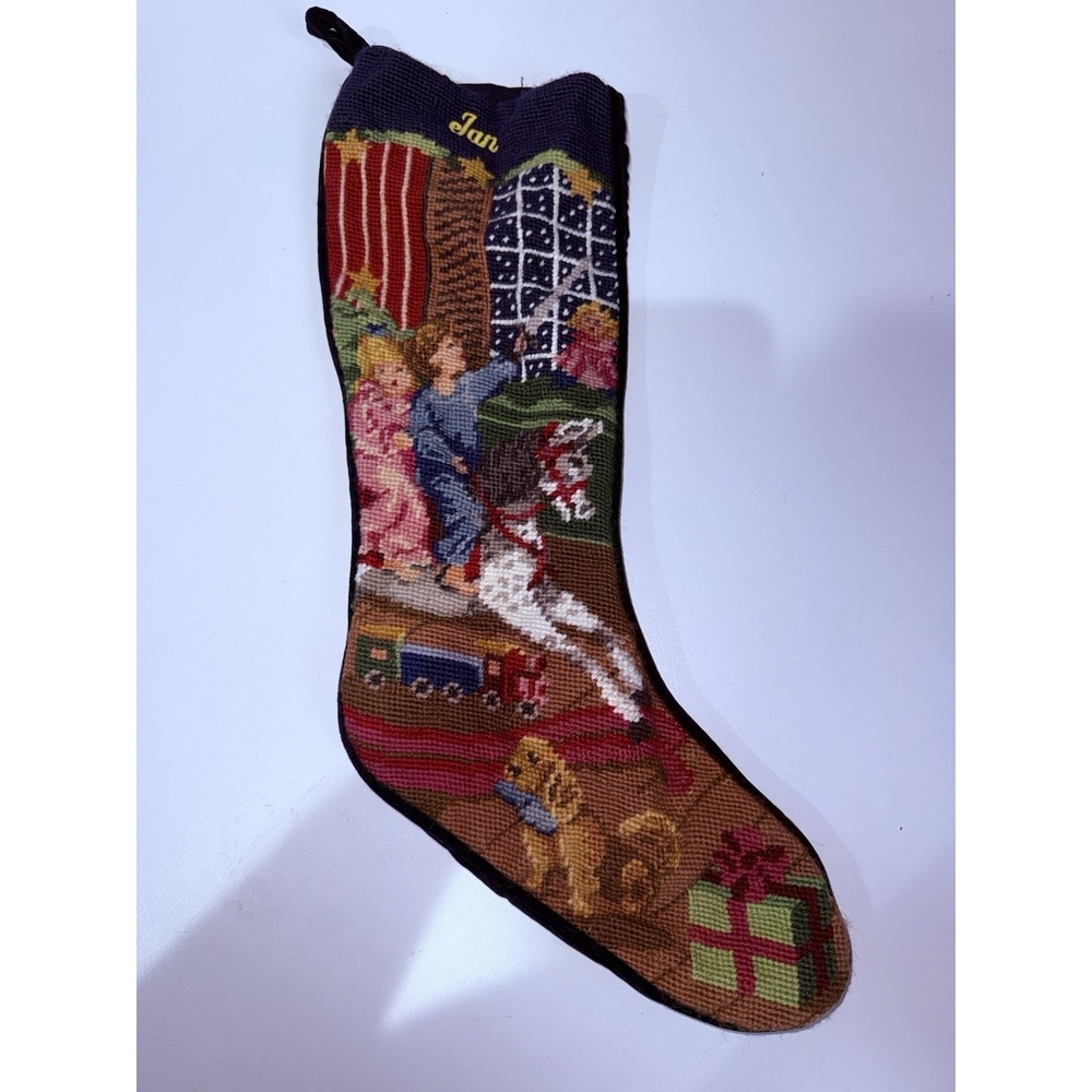 LANDS END Needlepoint Christmas Stocking Horse Kids Looking Out Of Velvet Jan
